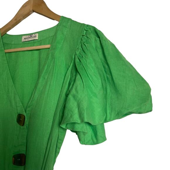Nicholas Troy Green Linen Button Front Tie Waist Short Sleeve Dress Size 4 - Picture 5 of 12